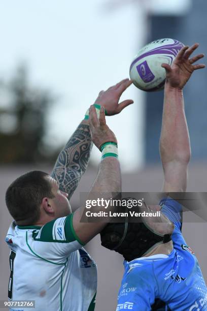 Players fight for ball at lineout during the European Rugby Challenge Cup match between Krasny Yar and London Irish at Avchala Stadium on January 20,...