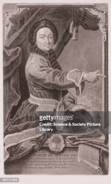Mezzotint engraving by I I Haid of Augsburg, Germany after R Tourmere, showing three-quarter length portrait of Maupertuis pointing with his right...