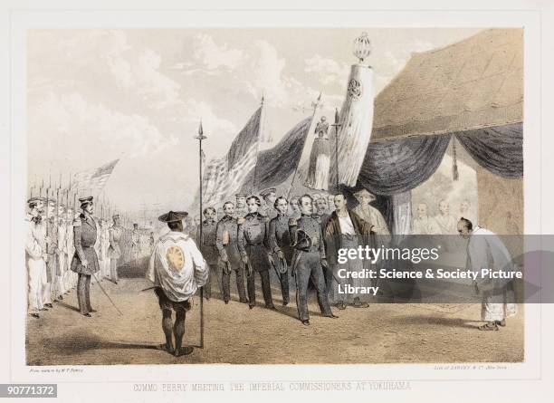 Lithographed plate by Sarony & Co after W T Peters. Commodore Matthew Calbraith Perry and his party are received by local officials at Yokuhama ,...