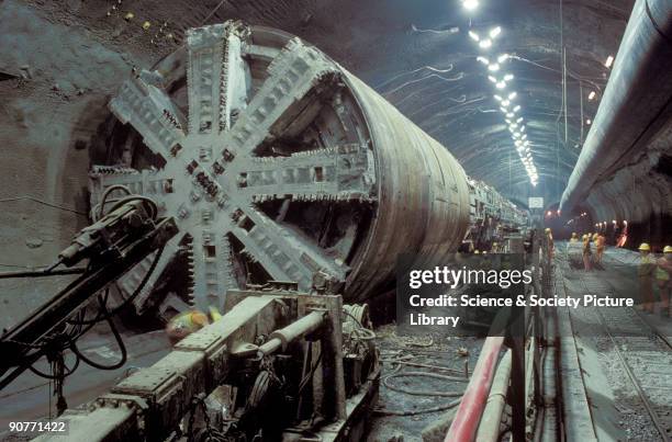 Boring machine, used to carve out rock to construct the Channel Tunnel, by Chris Hogg, 1992. The Channel Tunnel opened in 1995, to create a rail link...