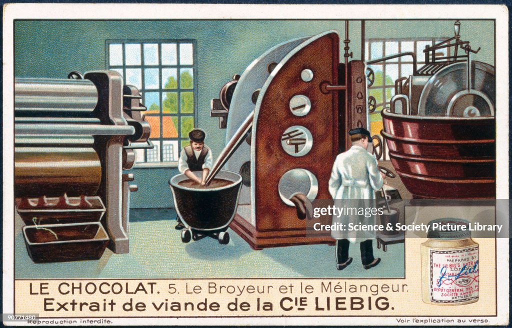 A chocolate factory at work, Liebig trade card, early 20th century.