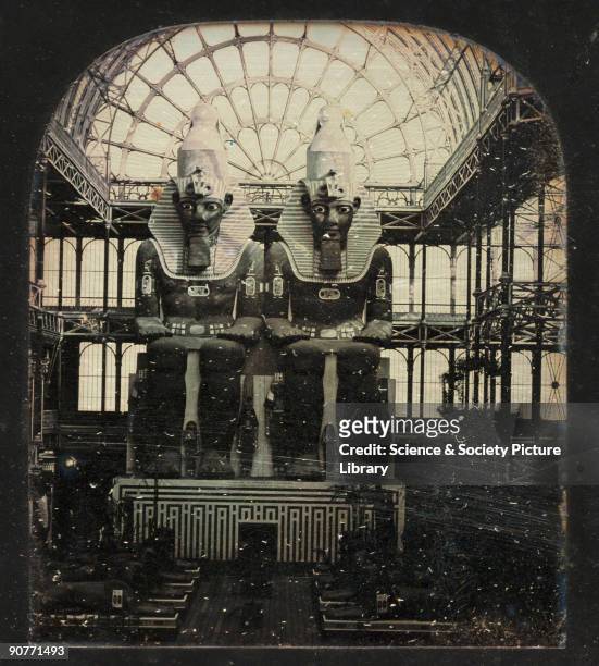 Stereoscopic daguerreotype showing the giant statues of Rameses II in the Crystal Palace, based on the originals carved from the rockface at Abu...