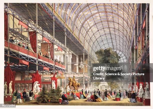 Coloured lithograph of the transept of the Crystal Palace, Hyde Park, London, from 'Dickinsons' Comprehensive Pictures of the Great Exhibition of...