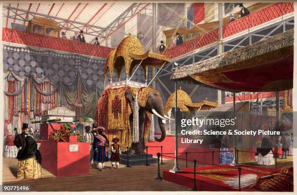 Coloured lithograph of a model elephant with howdah in the Indian Court in the Crystal Palace, Hyde Park, London, from 'Dickinsons' Comprehensive...
