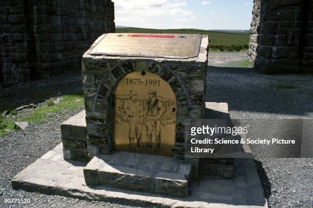 Photograph of the stone on the Ribblehead Viaduct commemorating the restoration of the viaduct in 1991, North Yorkshire, by Lynn Patrick, 1994. This...