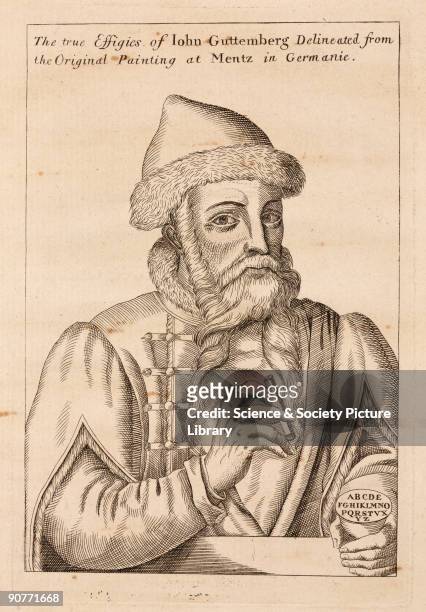 Etching of Johann Gutenberg regarded as the inventor of movable type, although individual baked clay characters were introduced in China in the 11th...