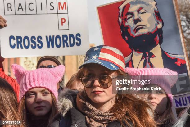 People participate in the Women's March on January 20, 2018 in New York City. Across the nation hundreds of thousands of people are marching on what...