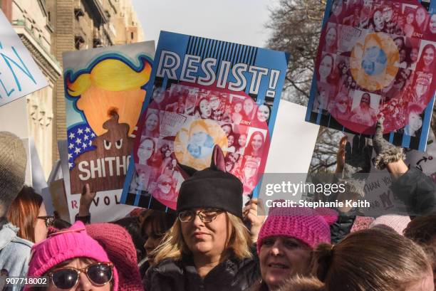 People participate in the Women's March on January 20, 2018 in New York City. Across the nation hundreds of thousands of people are marching on what...