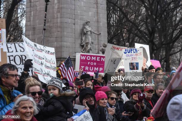 People participate in the Women's March on January 20, 2018 in New York City. Across the nation hundreds of thousands of people are marching on what...