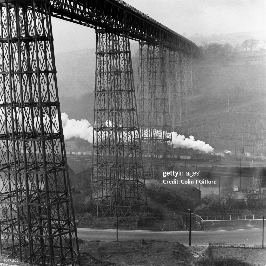 Coal train under the Crumlin Viaduct, Wales, March 1961.