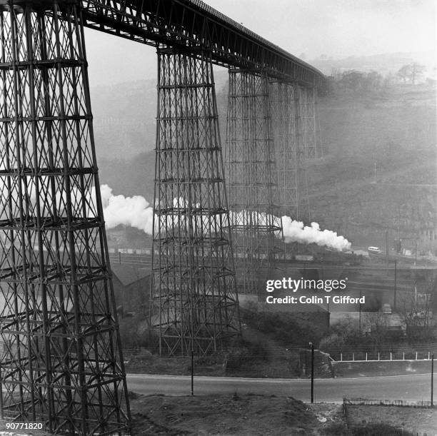 Class 4200 2-8-0T steam locomotive with an empty coal train climbs the Ebbw Vale under Crumlin Viaduct. Photograph by Colin T Gifford.