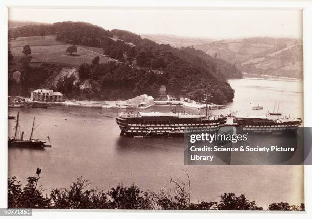 Photographic view of training ships of the Royal Navy Cadet School, based in Dartmouth on the River Dart, published by Francis Bedford & Co. The...