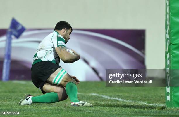 Grigory Tsnobiladze of Krasny Yar scores during the European Rugby Challenge Cup match between Krasny Yar and London Irish at Avchala Stadium on...