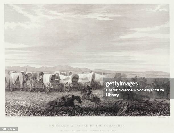 Engraving by James Smillie after Captain Seth Eastman, US Army, showing Comanches attacking a group of European settlers in their covered wagons. The...