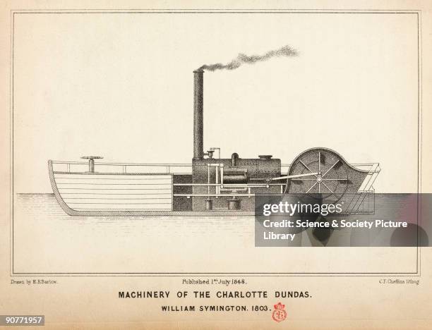 Lithograph by C F Cheffins after a drawing by H B Barlow, of the 10 nominal hp engine designed and built by William Symington , British pioneer of...