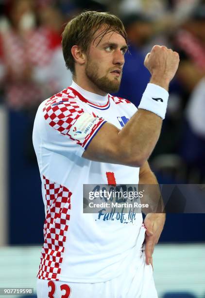 Luka Cindric of Croatia celebrates after scoring a goal during the Men's Handball European Championship main round match between Croatia and Norway...