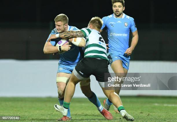 Max Northcote-Green of London Irish is tackled during the European Rugby Challenge Cup match between Krasny Yar and London Irish at Avchala Stadium...