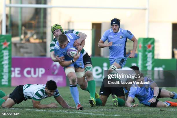 Max Northcote-Green of London Irish is tackled during the European Rugby Challenge Cup match between Krasny Yar and London Irish at Avchala Stadium...