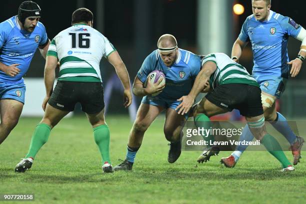 Oliver Hoskins of London Irish is tackled during the European Rugby Challenge Cup match between Krasny Yar and London Irish at Avchala Stadium on...