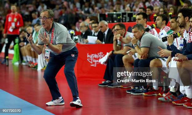 Lino Cervar, head coach of Croatia reacts during the Men's Handball European Championship main round match between Croatia and Norway at Arena Zagreb...