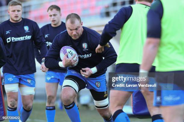 London Irish players warm up before the European Rugby Challenge Cup match between Krasny Yar and London Irish at Avchala Stadium on January 20, 2018...