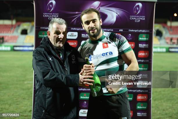 Giorgi Pruidze of Krasny Yar is the Heineken Man of the Match during the European Rugby Challenge Cup match between Krasny Yar and London Irish at...