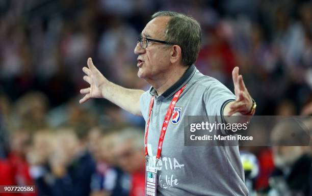 Lino Cervar, head coach of Croatia reacts during the Men's Handball European Championship main round match between Croatia and Norway at Arena Zagreb...