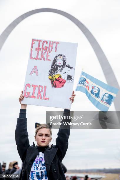 Natalie White participates in the Women's March for Truth on January 20, 2018 in front of the Gateway Arch in St Louis, Missouri, United States. One...