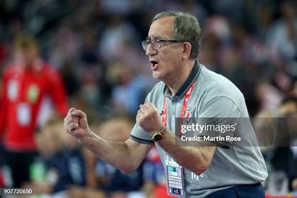 Lino Cervar, head coach of Croatia celebates during the Men's Handball European Championship main round match between Croatia and Norway at Arena...