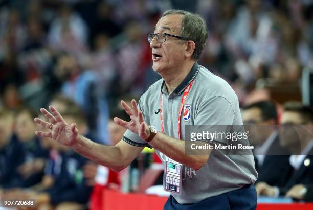 Lino Cervar, head coach of Croatia reacts during the Men's Handball European Championship main round match between Croatia and Norway at Arena Zagreb...