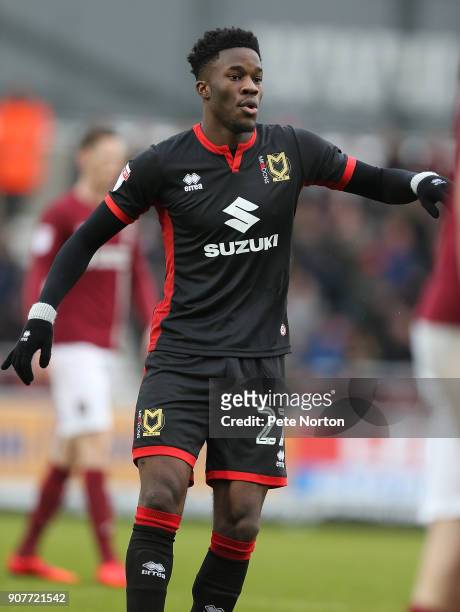 Ike Ugbo of Milton Keynes Dons in action during the Sky Bet League One match between Northampton Town and Milton Keynes Dons at Sixfields on January...