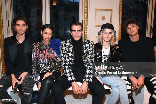 Aleali May, Carlo Sestini, Will Peltz, Caroline Daur and Guido Milani attends the Balmain Homme Menswear Fall/Winter 2018-2019 show as part of Paris...