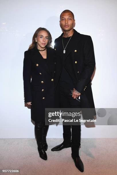 Chloe Green and Jeremy Meeks attend the Balmain Homme Menswear Fall/Winter 2018-2019 show as part of Paris Fashion Week on January 20, 2018 in Paris,...