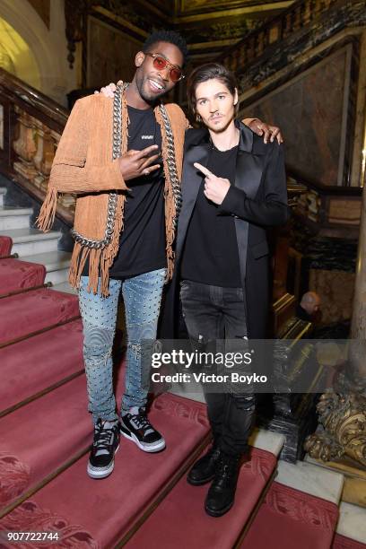 Tinie Tempah and William Peltz attends the Balmain Homme Menswear Fall/Winter 2018-2019 show as part of Paris Fashion Week on January 20, 2018 in...