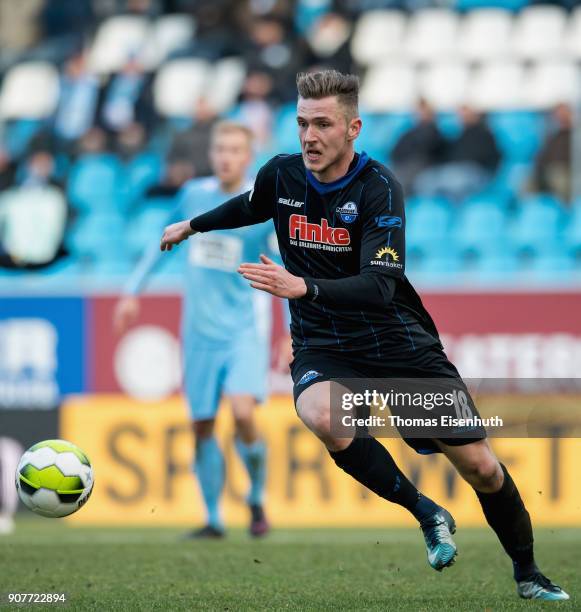 Dennis Srbeny of Paderborn plays the ball during the 3. Liga match between Chemnitzer FC and SC Paderborn 07 at community4you ARENA on January 20,...