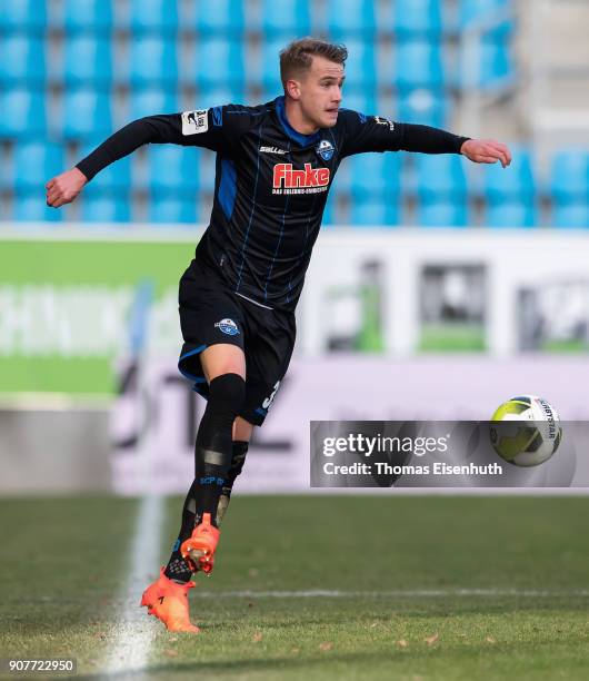 Lukas Boeder of Paderborn plays the ball during the 3. Liga match between Chemnitzer FC and SC Paderborn 07 at community4you ARENA on January 20,...