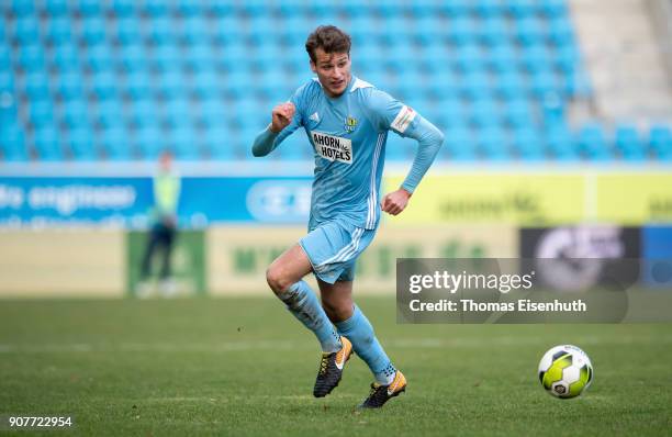 Laurin von Piechowski of Chemnitz plays the ball during the 3. Liga match between Chemnitzer FC and SC Paderborn 07 at community4you ARENA on January...