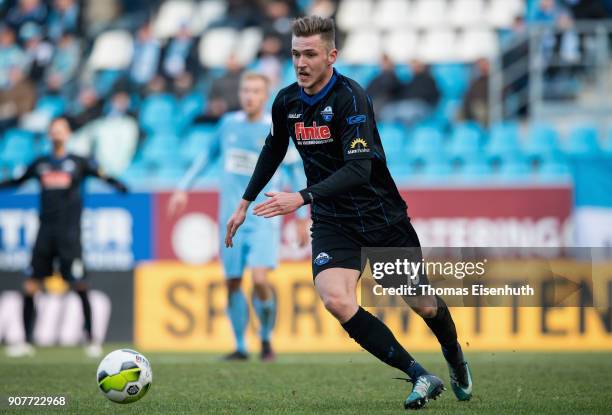 Dennis Srbeny of Paderborn plays the ball during the 3. Liga match between Chemnitzer FC and SC Paderborn 07 at community4you ARENA on January 20,...