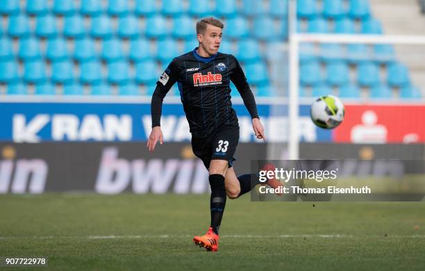 Lukas Boeder of Paderborn plays the ball during the 3. Liga match between Chemnitzer FC and SC Paderborn 07 at community4you ARENA on January 20,...