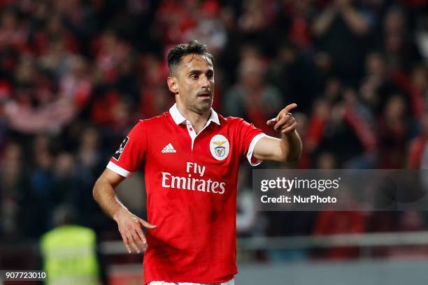 Benfica's forward Jonas celebrates his second goal during Primeira Liga 2017/18 match between SL Benfica vs GD Chaves, in Lisbon, on January 20, 2018.