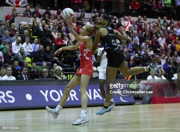 Helen Housby of England goes for the ball with Temaliisi Fakahokotau of New Zealand during the Netball Quad Series: Vitality Netball International...