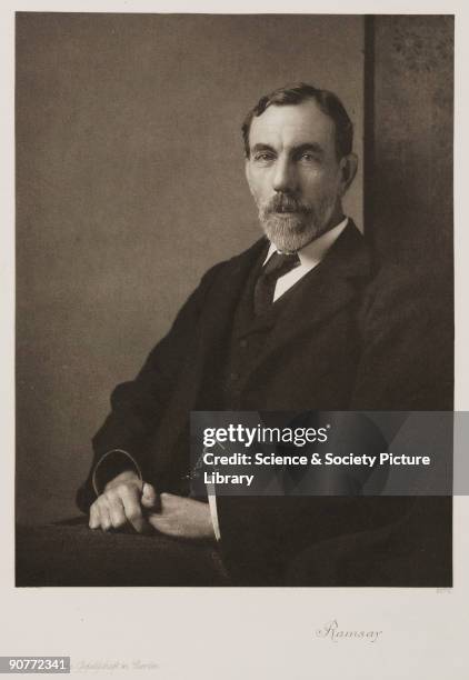 Photogravure after a painting or photograph of Sir William Ramsay . Ramsay was professor of Chemistry in Bristol and at University College London ....