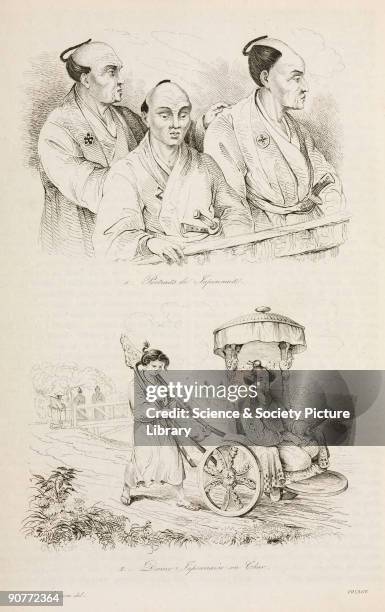 Engraving after de Sainson of portraits of Japanese men and a Japanese woman in a rickshaw . Illustration from �Voyage pittoresque autour du monde�...