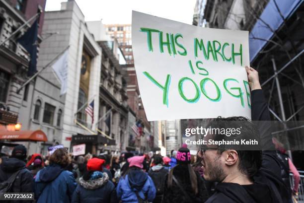 People participate in the Women's March on January 20, 2018 in New York City. Across the nation hundreds of thousands of people are marching on what...