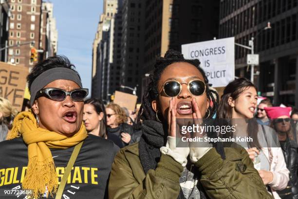 People participate in the Women's March on January 20, 2018 in New York City. Across the nation hundreds of thousands of people are marching on what...