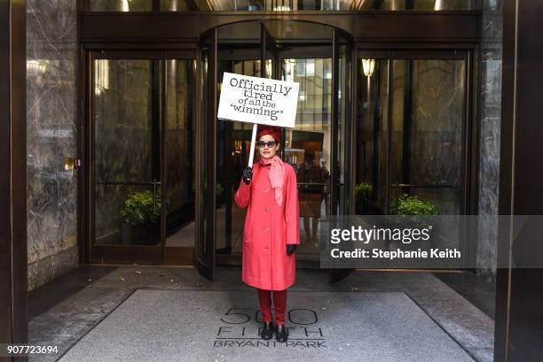 Woman poses for a photograph after participating in the Women's March on January 20, 2018 in New York City. Across the nation hundreds of thousands...