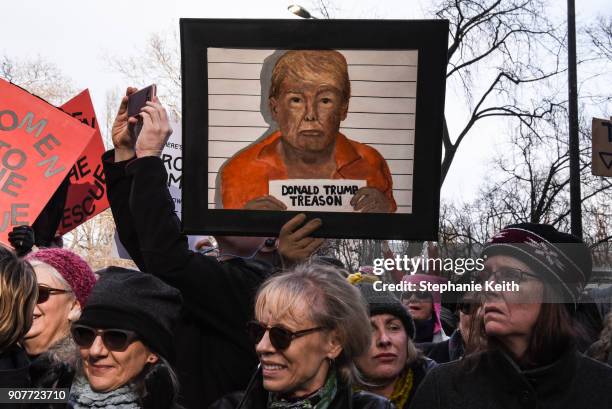 People participate in the Women's March on January 20, 2018 in New York City. Across the nation hundreds of thousands of people are marching on what...