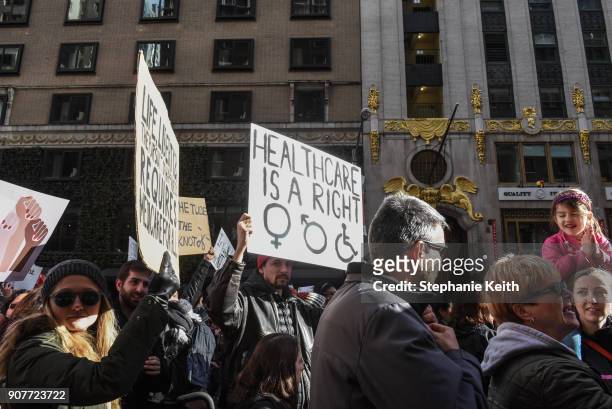 People participate in the Women's March on January 20, 2018 in New York City. Across the nation hundreds of thousands of people are marching on what...