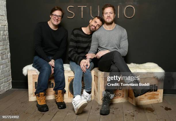 Director Don Argott of ' Believer' with protagonists Tyler Glenn and Dan Reynolds attend The IMDb Studio and The IMDb Show on Location at The...