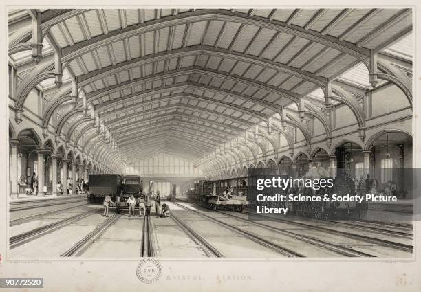 Inside Temple Meads station, Bristol, by John Bourne, 1845. Bourne is known for his illustrations of railways in the 1830s and 1840s, especially the...